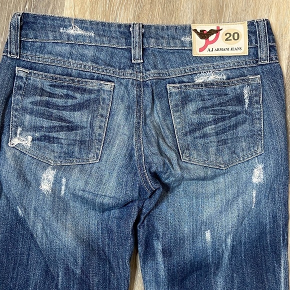 AJ ARMANI JEANS Men's Designer Distressed Boot Cut Denim Blue Jeans - Picture 5 of 7